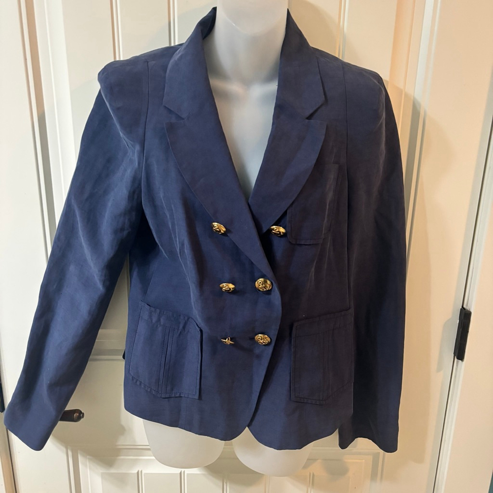 Rebecca Taylor Navy Silk Linen Blend Blazer Size 10 Nautical Anchor Buttons